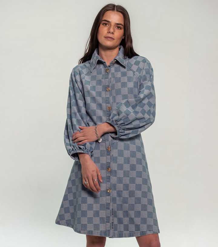 Sunshine Soul Blue Check Textured Button Denim Mini Dress