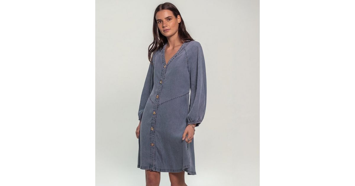 Sunshine Soul Light Blue Textured Button Denim Mini Dress