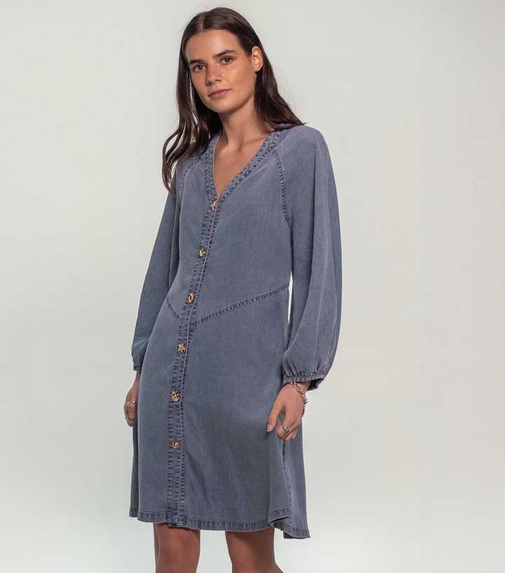 Sunshine Soul Light Blue Textured Button Denim Mini Dress
