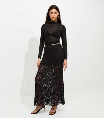 Black Sheer Lace Midi Skirt