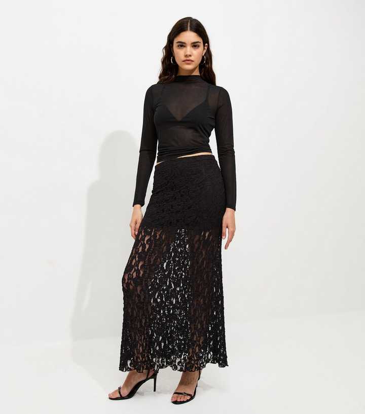 Black Sheer Lace Midi Skirt