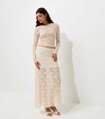 Cream Sheer Lace Midi Skirt