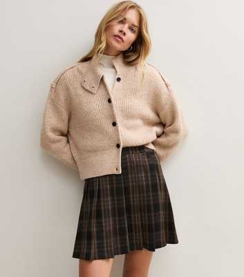 Brown Checked Pleated Jacquard Mini Skirt