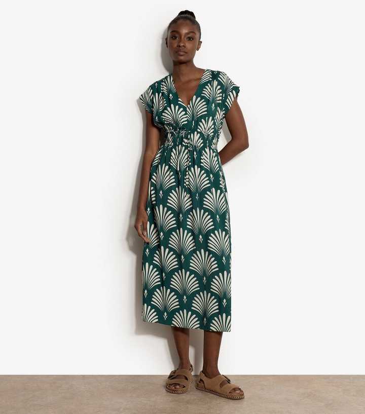 Apricot Green Palm Print V-Neck Midi Dress