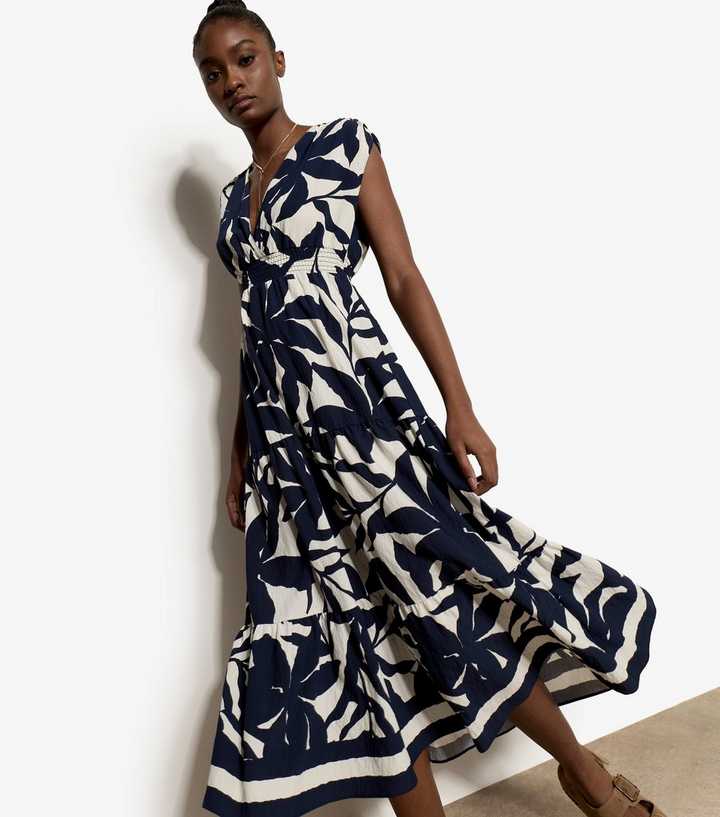 Apricot Blue Floral Silhouette Print Midi Dress