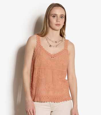 Apricot Light Pink Cotton Floral Embroidered Top