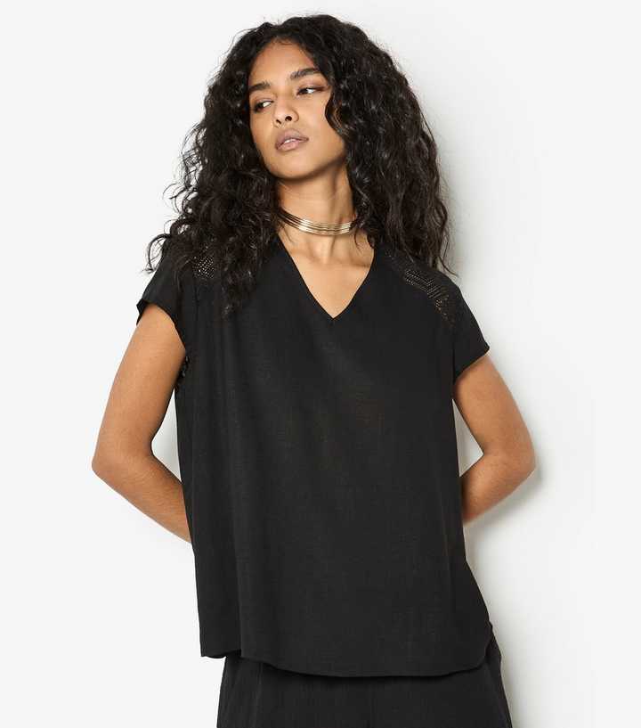 Apricot Black Lace V Neck Top