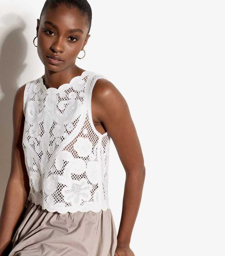 Apricot White Crochet Knit Sleeveless Top