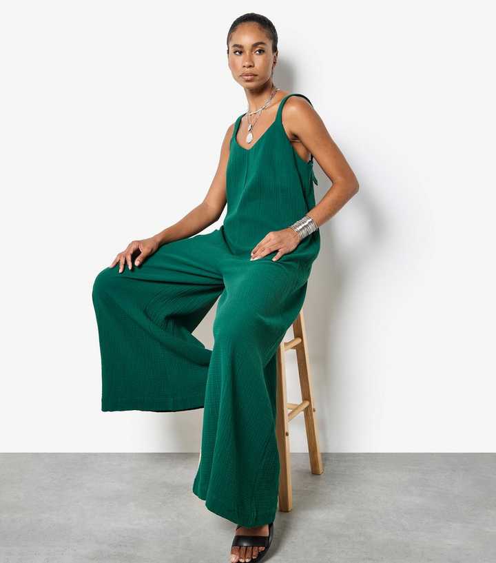 Apricot Green Cotton Wide Leg Woven Jumpsuit