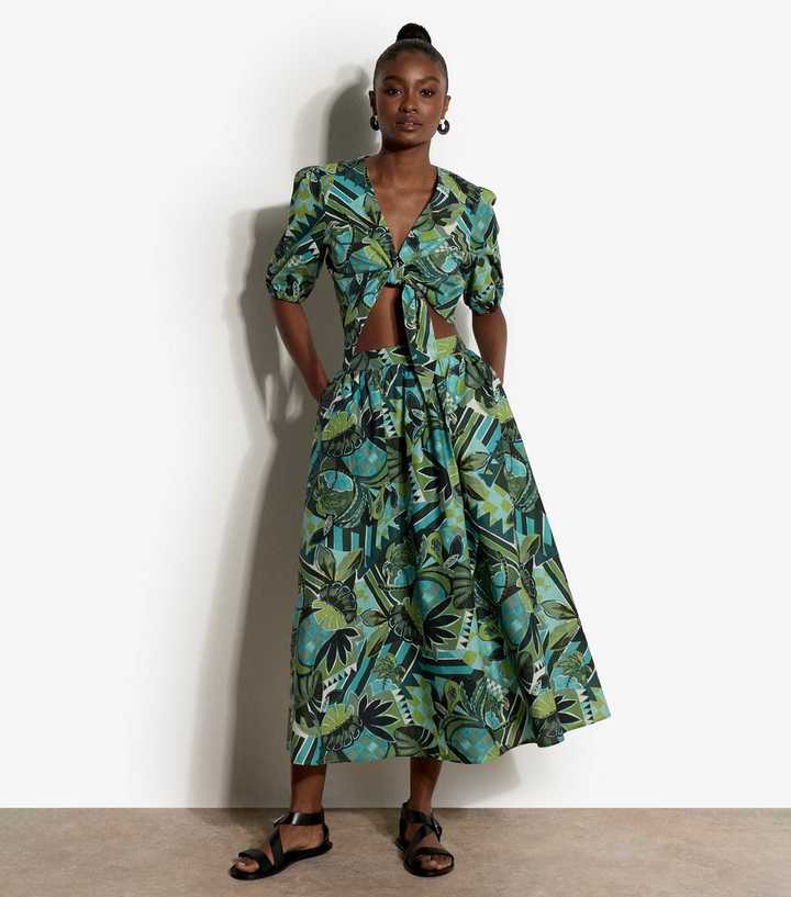 Apricot Green Cotton Tropical Print Midi Skirt