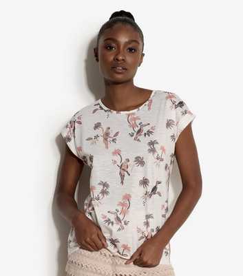 Apricot White Parrot and Palm Tree Print T-Shirt