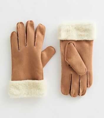 Camel Faux Fur Trimmed Faux Suede Gloves