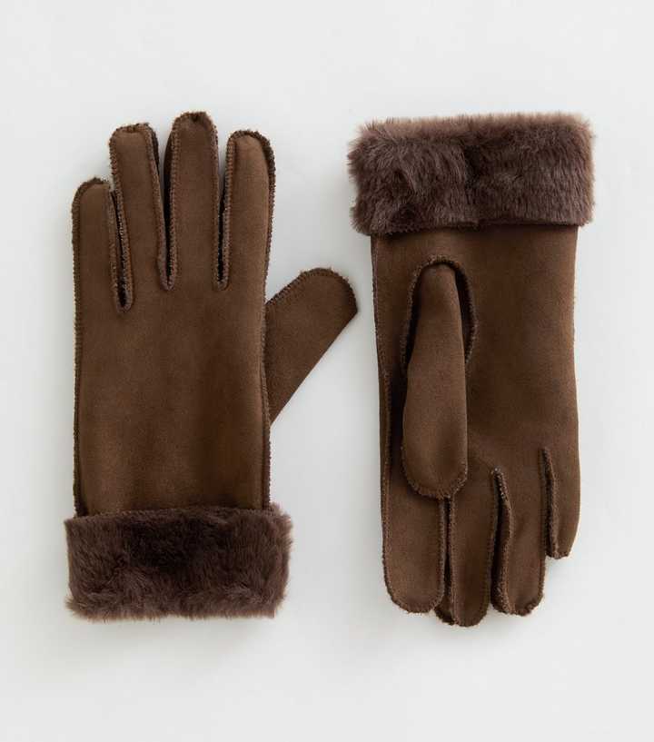 Dark Brown Faux Fur Trimmed Faux Suede Gloves