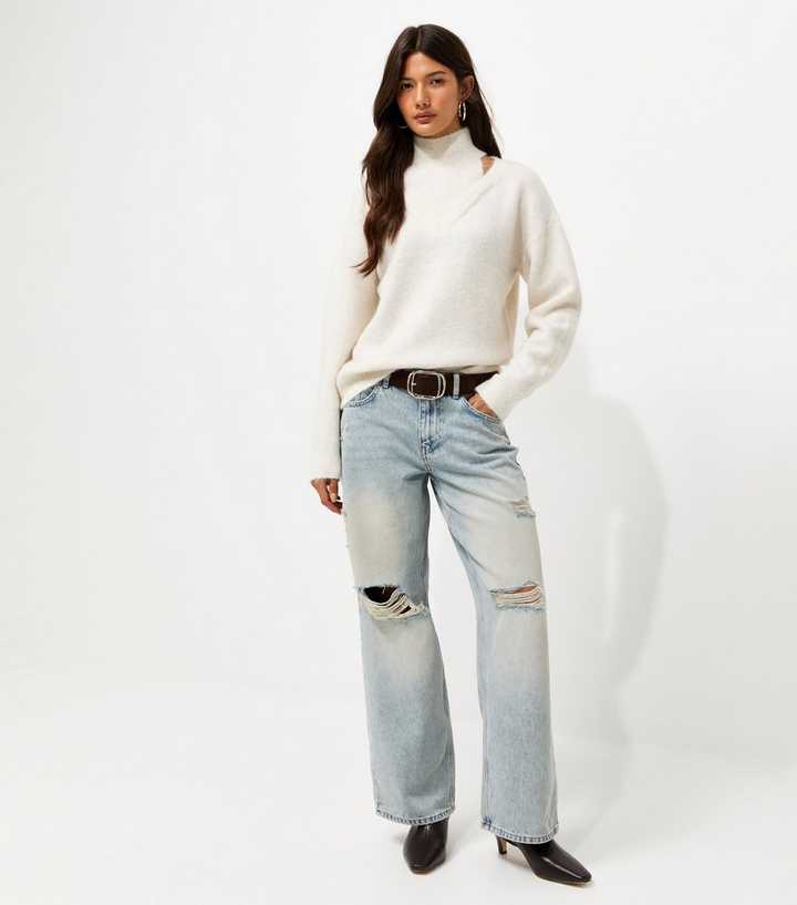 Blue Ripped Low Rise Baggy Wide Leg Jeans