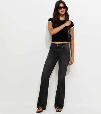 Washed Black Button Pocket Low Rise Flared Jeans