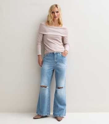 Petite Mid Blue Ripped Knee Wide Leg Adale Jeans