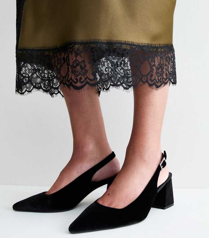 Wide Fit Black Velvet Slingback Strap Pumps