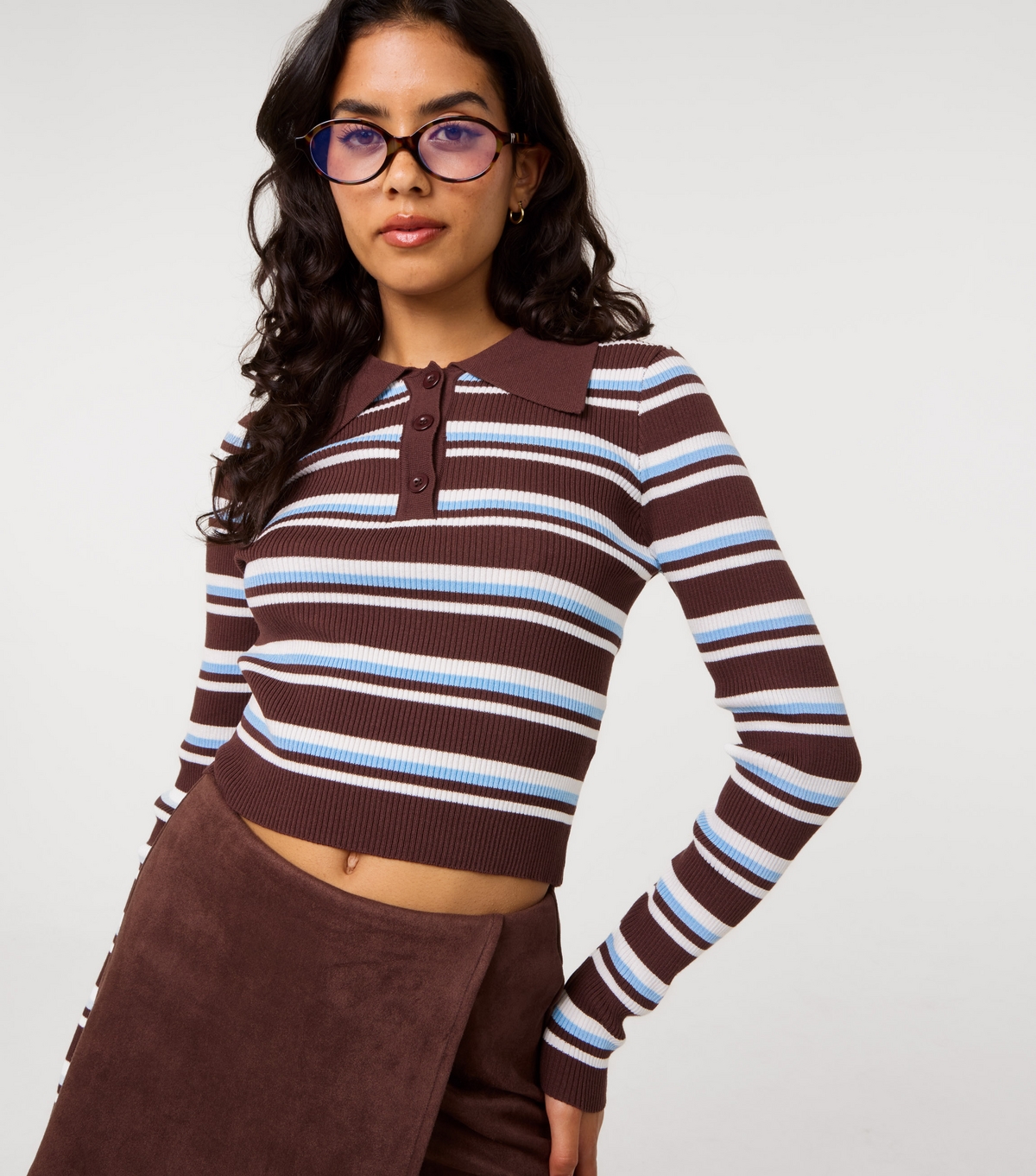 Women's Dark Brown Striped Long Sleeve Polo Shirt Pink Vanilla New Look