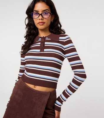 Pink Vanilla Dark Brown Striped Long Sleeve Polo Shirt