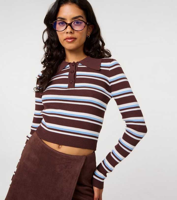 Pink Vanilla Dark Brown Striped Long Sleeve Polo Shirt