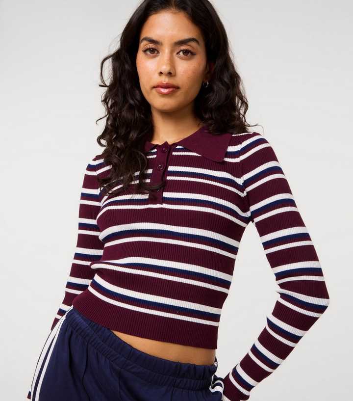 Pink Vanilla Dark Burgundy Striped Long Sleeve Polo Shirt
