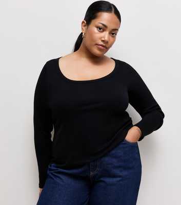 Curves Black Cotton Rich Long Sleeve Ribbed Scoop Neck Top
