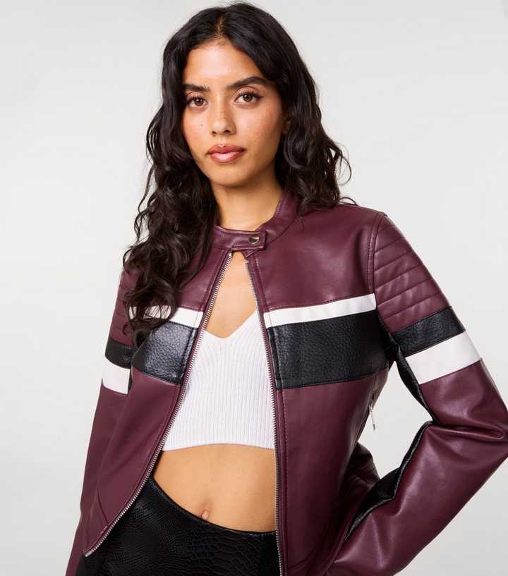 Pink Vanilla Dark Burgundy Faux Leather Motocross Racing Jacket