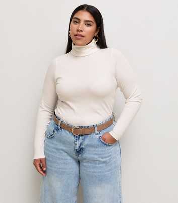 Curves Cream Cotton Rich Rib Roll Neck Long Sleeve Top