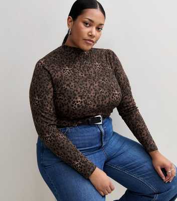 Curves Brown Cotton Rich Leopard Print Ribbed Stand Neck Top