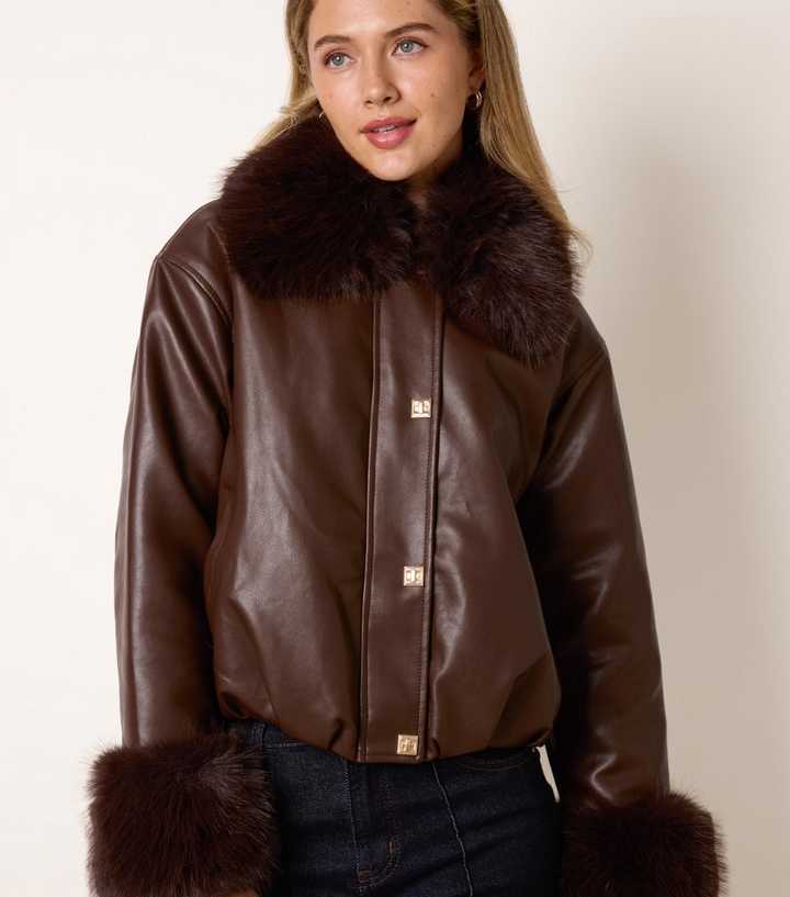 Blue Vanilla Dark Brown Faux Fur Collar and Cuff Faux Leather Cropped Jacket