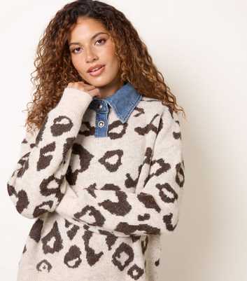 Blue Vanilla Stone Denim Collar Animal Pattern Polo Jumper with Wool