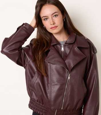 Blue Vanilla Dark Burgundy Faux Leather Double Zip Oversized Jacket