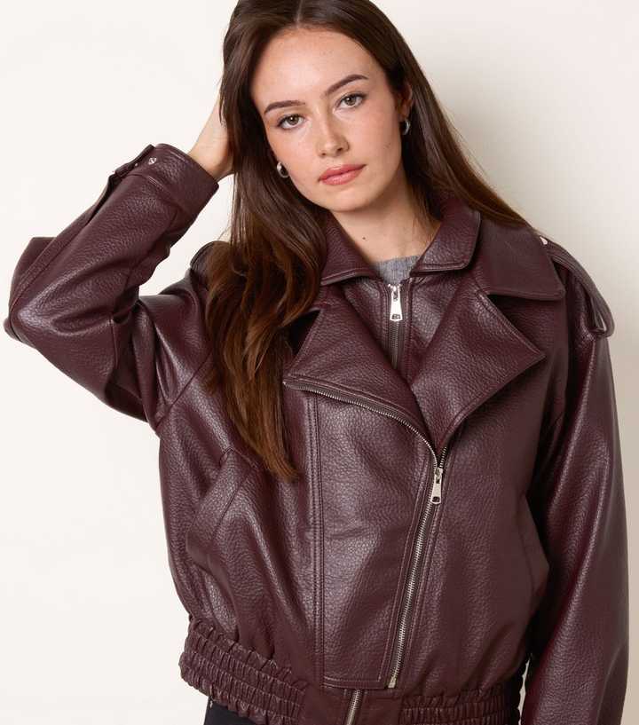Blue Vanilla Dark Burgundy Faux Leather Double Zip Oversized Jacket