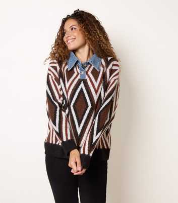 Blue Vanilla Dark Brown Denim Collar Geometric Polo Jumper