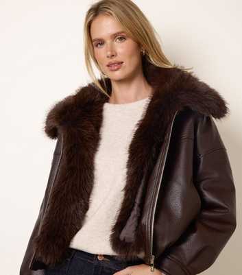 Blue Vanilla Dark Brown Faux Leather Bomber Jacket