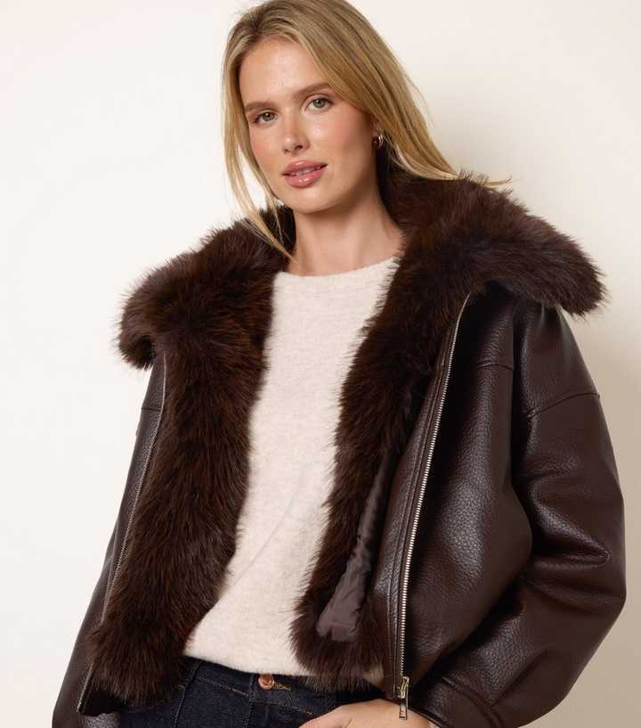 Blue Vanilla Dark Brown Faux Leather Bomber Jacket