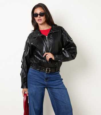 Blue Vanilla Black Woven Faux Leather Biker Jacket