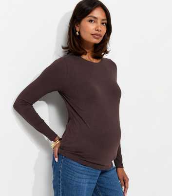 Maternity Brown Cotton Rich Long Sleeve Top