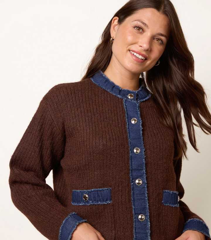 Blue Vanilla Dark Brown Denim Trim Ribbed Knit Cardigan