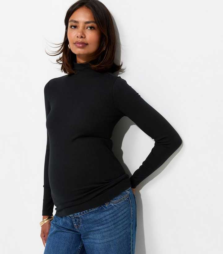 Maternity Black Cotton Rich Ribbed High Neck Top