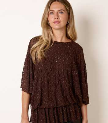 Blue Vanilla Dark Brown Lace Diamante Batwing Sleeve Top