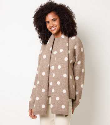Blue Vanilla Light Brown Polka Dot Knitted Jumper with Scarf