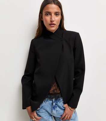 Black Wrap Neck Long Sleeve Blazer