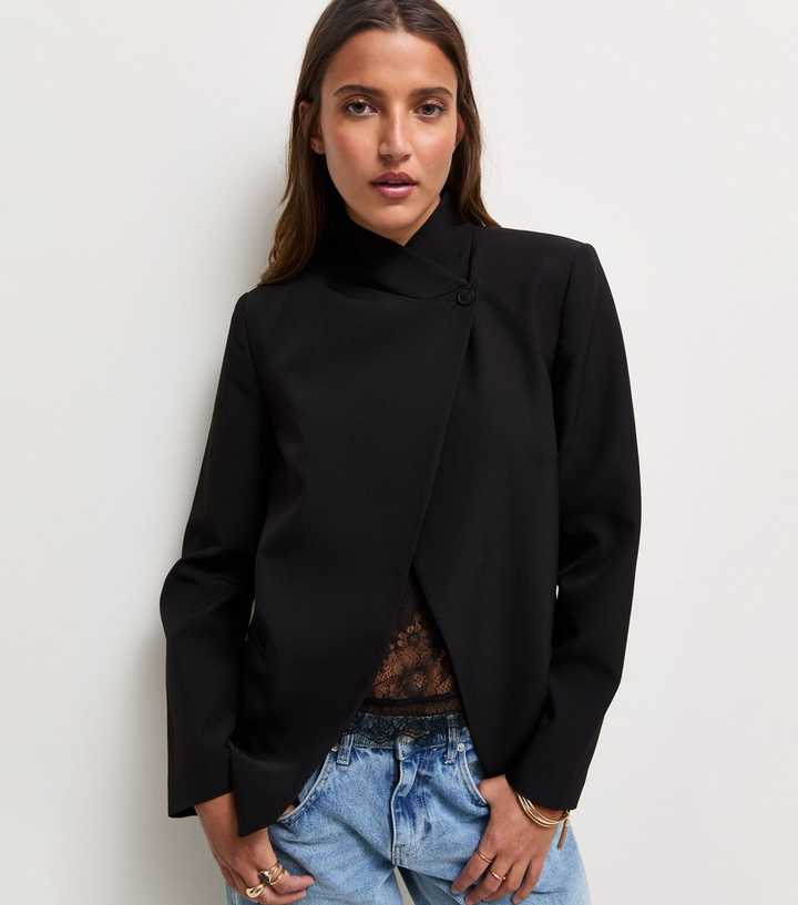 Black Wrap Neck Long Sleeve Blazer