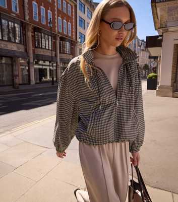 Brown Check High Neck  Zip Through Jacket
