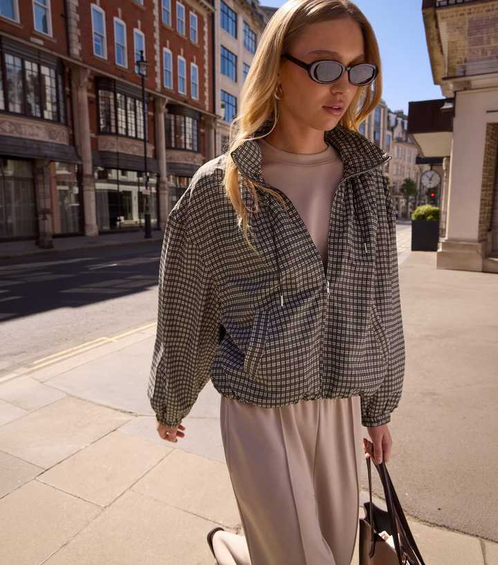 Brown Check High Neck  Zip Through Jacket