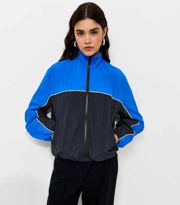 Blue Colour Block Zip Up Funnel Neck Windbreaker Jacket