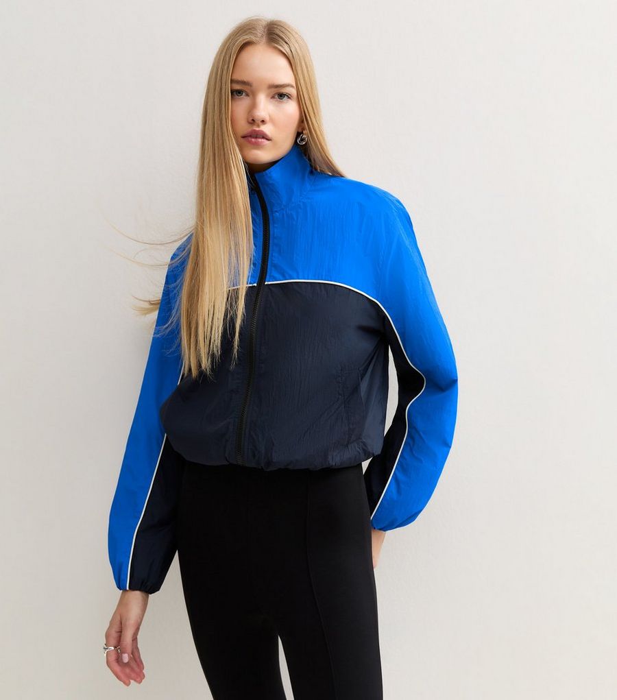 Blue Colour Block Zip Up Funnel Neck Windbreaker Jacket