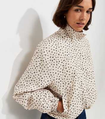 Cream Ditsy Floral Bubble Hem High Neck Jacket