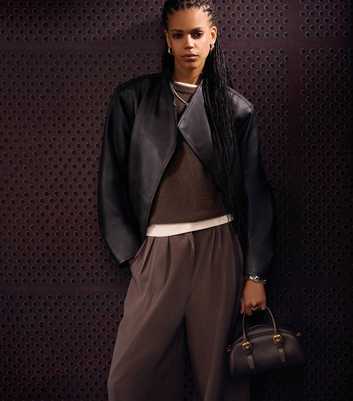 Black Faux Leather Power Shoulder Wrap Jacket